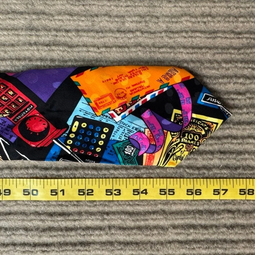Addiction Vintage Silk Tie Mens Multi Color 90s Retro Cell Phone Calculator 57in